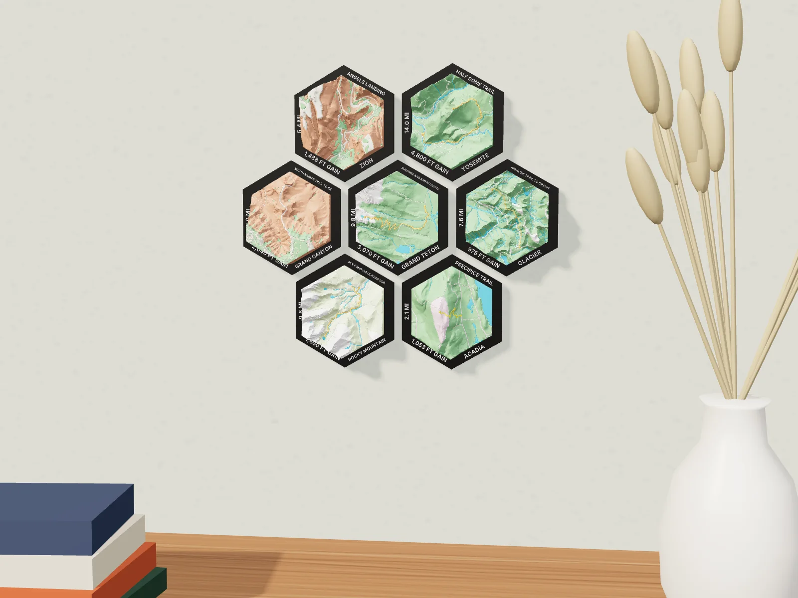 Seven hike hexes, from Angels Landing to the Precipice Trail, hung as a cluster on a wall