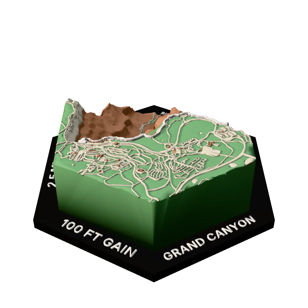 Grand Canyon Regular hex with Rim Trail: Mather Point to Bright Angel Trailhead raised on the terrain