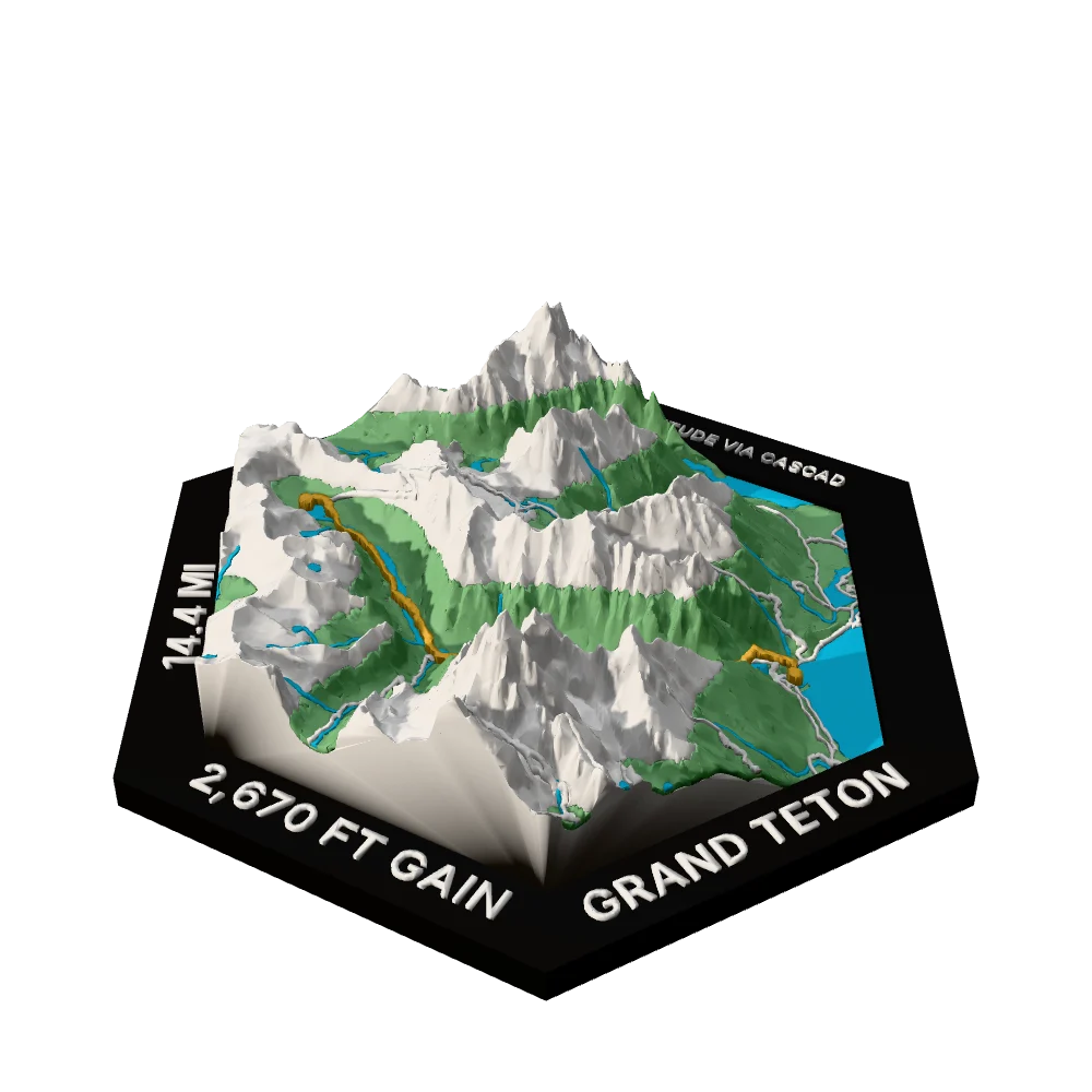 Grand Teton Regular hex with Lake Solitude via Cascade Canyon raised on the terrain
