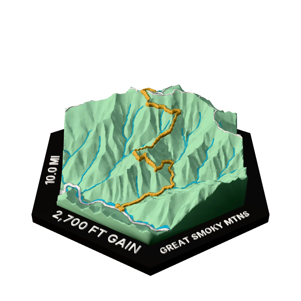 Great Smoky Mountains Regular hex with Alum Cave Trail to Mount Le Conte raised on the terrain