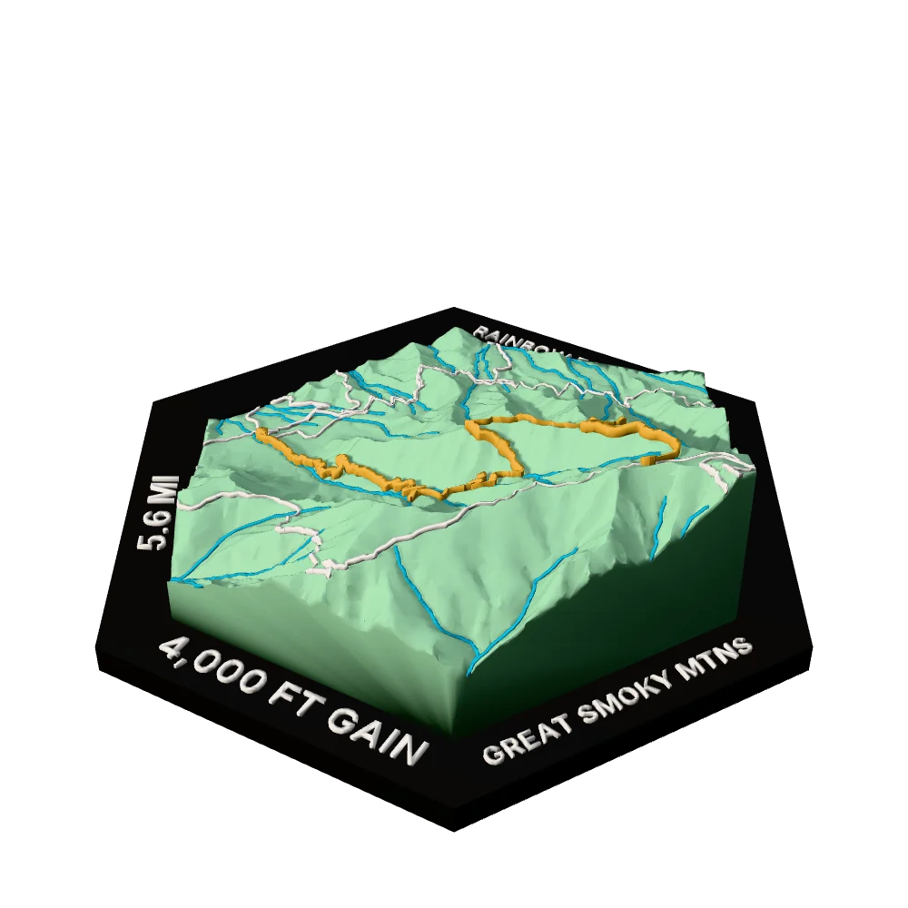 Great Smoky Mountains Regular hex with Rainbow Falls Trail raised on the terrain